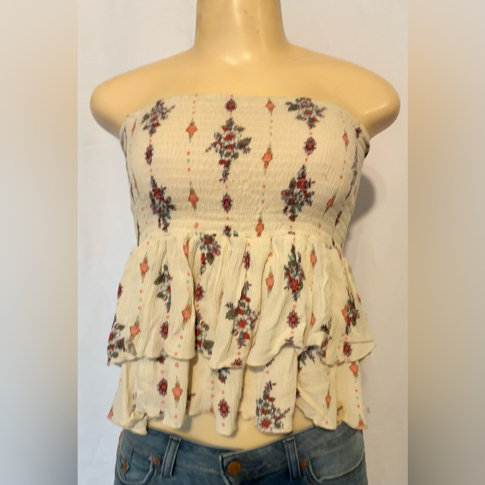 Floral Strapless Shirred Ruffle Top